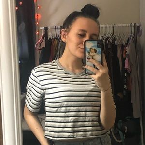 black, white, and grey stripped shirt